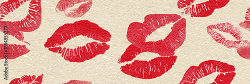Red lipstick kiss marks covering a cream textured paper surface, creating a playful pattern. Red lipstick kiss marks seamless pattern on textured paper