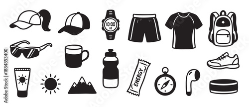 Hand-drawn black and white doodle icons representing running, hiking, and outdoor activity essentials like a cap, watch, shorts, backpack, and water bottle in a simple graphic set