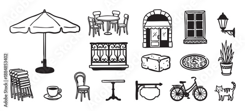 Set of hand-drawn black and white doodle illustrations representing a classic European street cafe with a table, chairs, umbrella, storefront, bicycle, and a cute cat