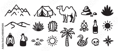 Hand-drawn black and white doodle icon set featuring desert travel and adventure elements like a camel, tent, cactus, mountains, sun, and campfire for exploration themes