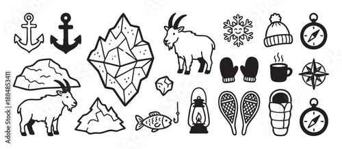 Collection of black and white doodle icons for winter adventure and outdoor themes, including a mountain goat, iceberg, compass, anchor, lantern, and camping equipment