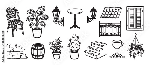 Hand-drawn black and white set of vintage European cafe and garden elements featuring furniture, plants, lanterns, and architectural details in a charming doodle sketch style