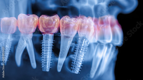 Detailed digital visualization of dental implants integrated with natural teeth highlighting advanced oral restoration and implantology techniques in modern dentistr