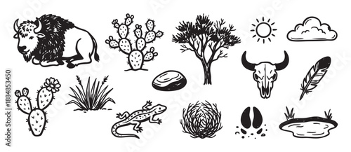 Hand-drawn collection of desert and western icons including a bison, prickly pear cactus, bull skull, and lizard in a simple black and white sketch art style for design