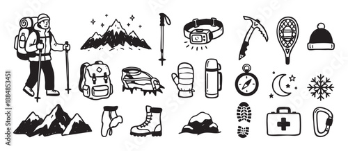 Hand-drawn collection of winter hiking icons including a mountaineer, backpack, ice axe, and mountains in a simple black and white doodle style illustration set for adventure