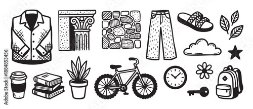 Set of various hand-drawn doodle icons featuring a bicycle, clothing, books, a plant, and other lifestyle objects in a simple black and white ink sketch illustration style