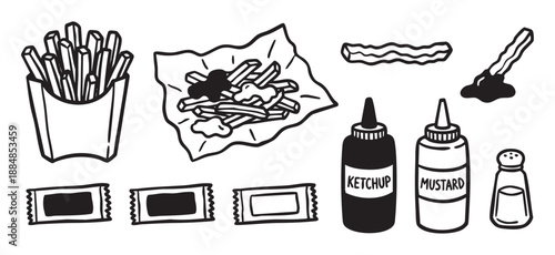 Set of hand drawn black and white fast food icons featuring french fries, ketchup, mustard, bacon, and sauce in a simple, bold, and graphic doodle style for menu design