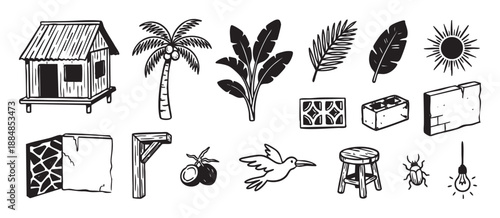 Collection of hand drawn tropical icons featuring a rustic hut, palm tree, banana plant, and hummingbird in a bold, black and white linocut or woodcut print aesthetic