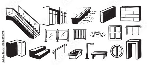 Hand-drawn urban architectural elements featuring a staircase, windows, railings, a bench, and a lamppost, illustrated in a simple black and white graphic sketch style