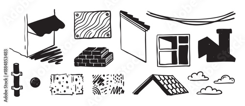 Collection of hand-drawn black and white architectural doodles featuring various urban elements like roofs, windows, bricks, textures, and clouds in a simple, sketchy graphic style