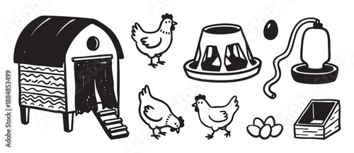Hand-drawn black and white illustration set of chicken farming elements including a coop, hens, eggs, a feeder, and a waterer in a simple, rustic graphic style