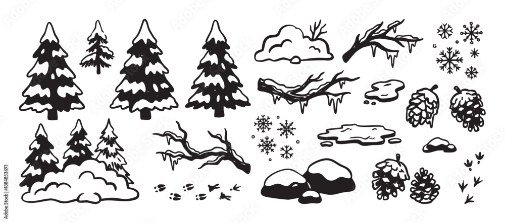 Fototapeta premium Hand-drawn black and white winter nature elements including snow-covered fir trees, pinecones, snowflakes, and icy branches in a simple doodle style graphic illustration set