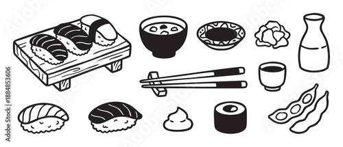 Set of Japanese food illustrations featuring sushi, miso soup, sake, and chopsticks in a bold black and white line art style for menu or restaurant design