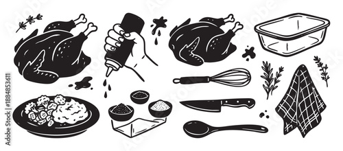 Set of hand-drawn black ink cooking icons showing roasted chicken, kitchenware, spices, and a plated meal in a rustic linocut illustration style