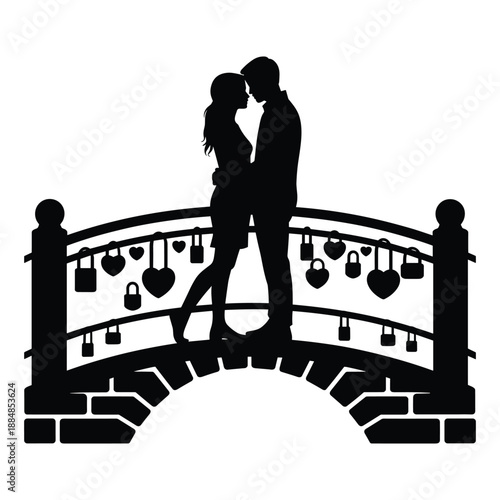 Couple embracing on bridge isolated on white background, Vector