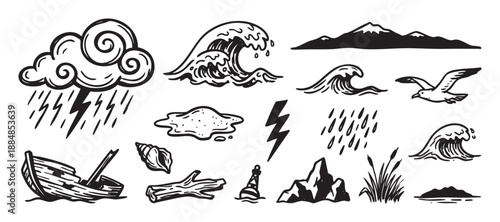 Set of hand-drawn black nautical icons featuring a storm cloud, ocean wave, shipwrecked boat, seagull, and mountain in a sketchy, vintage woodcut illustration style