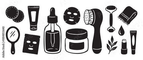 Collection of black and white skincare and beauty product icons showing a serum bottle, face mask, cream jar, roller, and cleansing brush in a simple hand-drawn doodle style