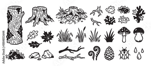Collection of hand-drawn forest nature elements in a bold black and white graphic style, featuring a log, stump, mushroom, leaf, pinecone, and ladybug icon set