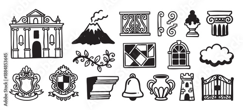Diverse collection of hand-drawn black icons and doodles featuring historical, architectural, and natural elements like a building, volcano, shield, and gate in a simple linocut style