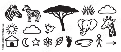 Set of black hand-drawn doodle icons featuring safari animals like a zebra, elephant, and giraffe, with nature and travel symbols including a tree, sun, cloud, and hut