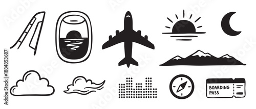 Collection of hand-drawn black travel icons including an airplane, boarding pass, compass, porthole window, and mountains in a simple doodle style for vacation and journey concepts