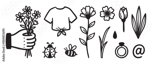 Set of hand-drawn black and white doodle icons featuring a hand holding a flower bouquet, a knotted t-shirt, a ladybug, a bee, a ring, and various floral elements