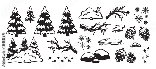 Hand-drawn black and white winter nature elements including snow-covered fir trees, pinecones, snowflakes, and icy branches in a simple doodle style graphic illustration set