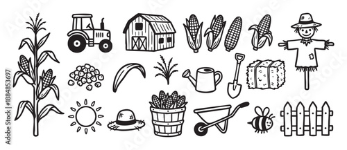 Black and white set of hand-drawn farming and harvest icons with a tractor, barn, corn, scarecrow, and gardening tools in a simple, charming doodle illustration style