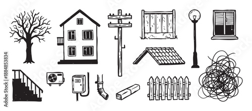 Collection of black and white hand-drawn suburban icons featuring a house, bare tree, fence, lamppost, and utility pole in a simple, graphic doodle or sketch aesthetic