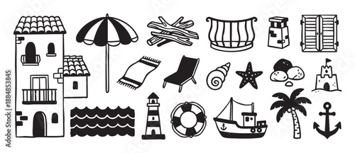 Collection of hand-drawn seaside vacation icons featuring a house, lighthouse, boat, palm tree, and beach umbrella in a simple black and white doodle style illustration set