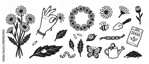 Set of hand-drawn gardening doodle icons featuring flowers, a bee, a watering can, a seed packet, and other nature elements in a charming black and white line art style