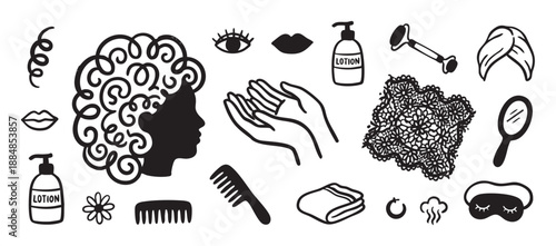 Collection of black and white hand-drawn beauty and skincare icons showing a woman's silhouette, lotion, comb, mirror, and face roller for a self-care routine