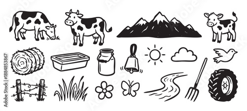 Set of hand-drawn farm life icons featuring cows, mountains, a hay bale, and a milk can in a simple black and white doodle style for agricultural and rural themes