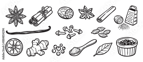 Set of hand-drawn spice illustrations including cinnamon, star anise, ginger, nutmeg, and cloves in a black and white line art doodle style for culinary concepts