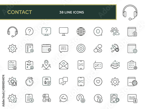 A collection of 38 line icons related to contact and communication on a white background