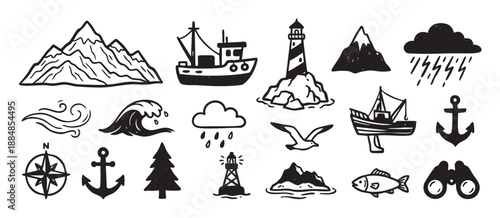 Collection of hand-drawn nautical doodle icons featuring a lighthouse, boat, anchor, mountains, and waves in a simple black and white sketch style for adventure themes