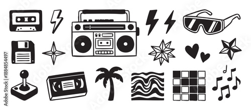 Set of hand-drawn retro icons from the eighties and nineties featuring a boombox, cassette, joystick, and sunglasses in a black and white doodle style illustration