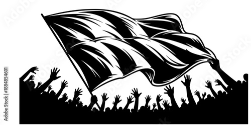 Large Tifo Flag Waving in Stadium Crowd Silhouette Vector
