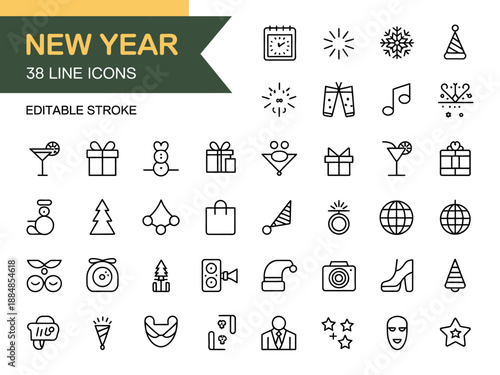 A collection of 38 line icons for New Year's celebrations, featuring various festive symbols and objects.