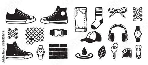 Collection of black and white hand-drawn icons showing casual fashion items like sneakers, jeans, and a cap, plus everyday objects like a watch and headphones in a simple doodle sketch style
