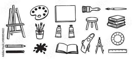 Collection of black line art icons featuring various artist tools like an easel, palette, paint, brushes, and canvas, illustrated in a simple hand-drawn doodle sketch style