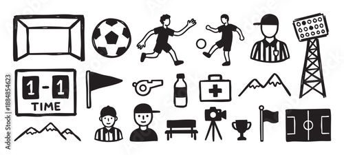 Hand-drawn black and white soccer icons set featuring a player, ball, goal, referee, scoreboard, and trophy in a minimalist doodle style for sports and competition concepts