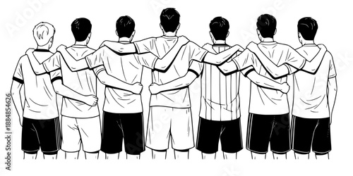 Group of Soccer Fans Hugging Rear View Symbolizing Unity and Team Spirit Vector