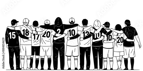 Group of Soccer Fans Hugging Rear View Symbolizing Unity and Team Spirit Vector
