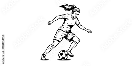 Female Soccer Player Dribbling Ball with Intensity for Womens Football Concept Vector