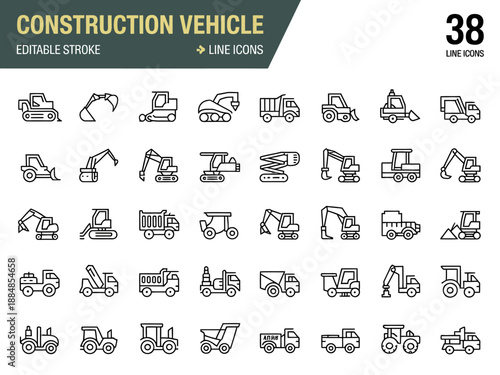 A collection of construction vehicle line icons on a white background