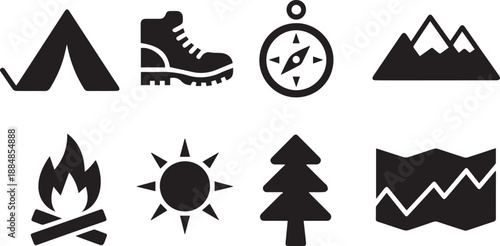 camping hiking tent boot compass mountain campfire sun pine tree map