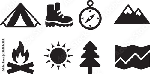 camping adventure icons tent hiking boot compass mountain campfire map