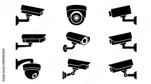 A collection of surveillance camera security system icons. The cameras are mounted on walls