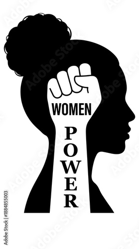 An impactful silhouette of a woman with a raised fist boldly proclaiming WOMEN POWER